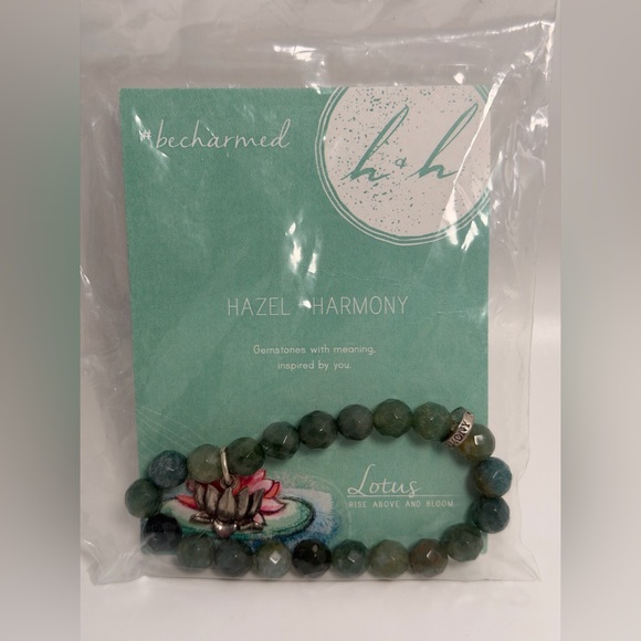Moss Agate & Pewter Lotus Charm Stretch Bracelet NIP - Hazel and Harmony - Picture 11 of 13